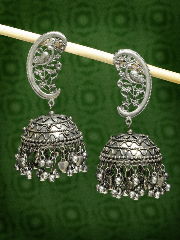 Women's Silver-Plated Oxidised Dome Shaped Jhumka Earrings - Nvr