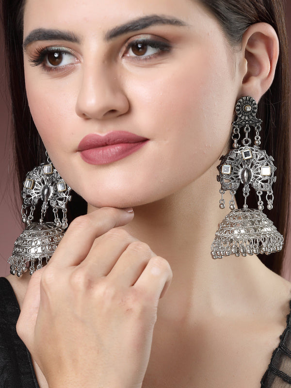 Women's Silver Plated Mirror Work Oxidised Contemporary Jhumka Earrings - Nvr