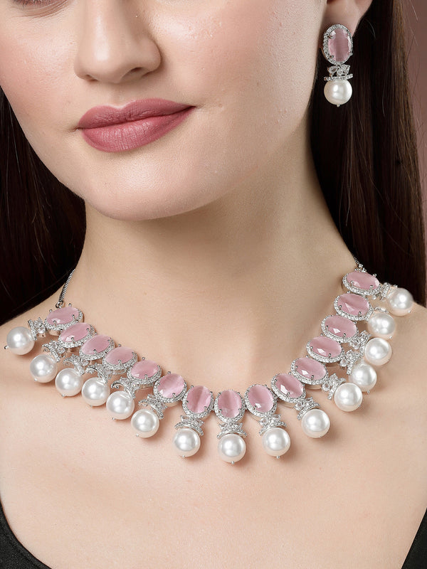 Women's Silver-Plated Pink American Diamond Studded Handcrafted Jewellery Set - Nvr