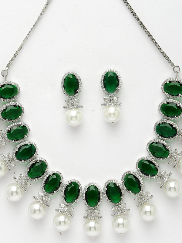 Women's Silver-Plated Green American Diamond Studded Handcrafted Jewellery Set - Nvr