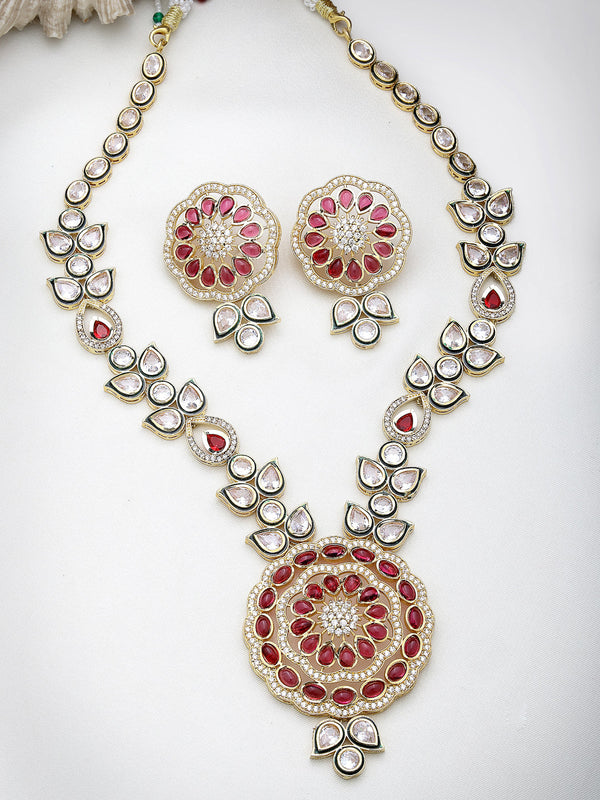 Women's Red & Gold Kundan Studded Handcrafted Jewellery Set - Nvr