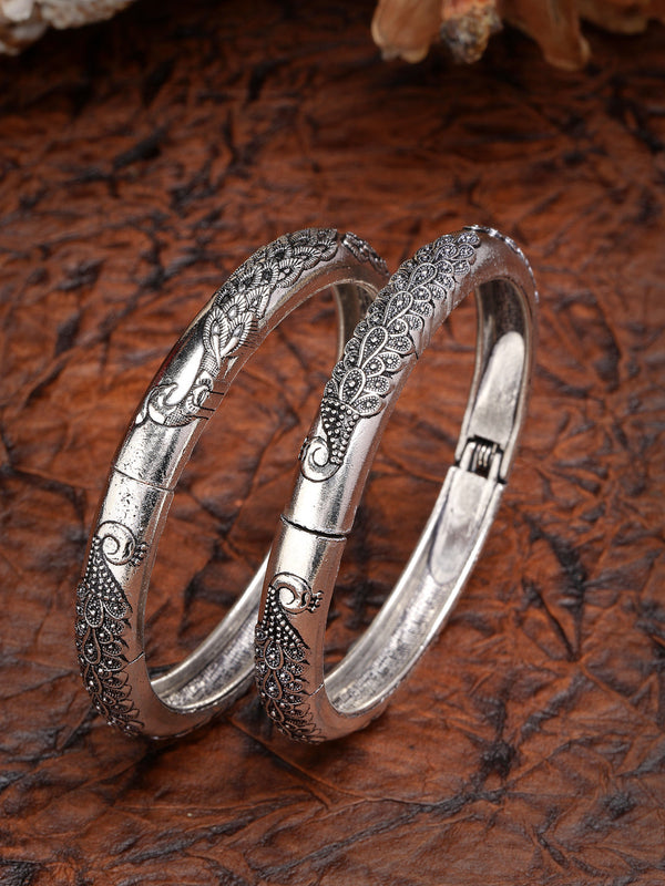 Women's Silver-Toned German Silver Peacock Design Oxidised Kada Bangle - Nvr