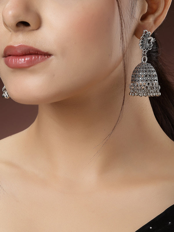 Women's Silver-Toned Peacock Design German Silver Oxidised Dome Shaped Jhumka Earrings - Nvr