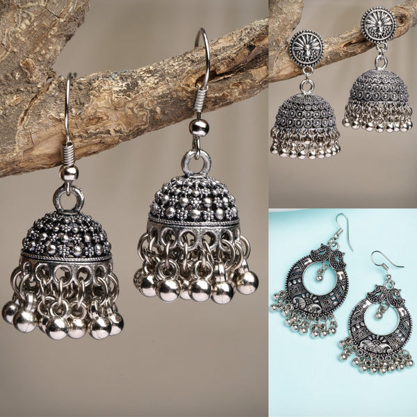 Women's Set Of 3 Silver-Toned German Silver Oxidised Dome Shaped Jhumka Earrings - Nvr