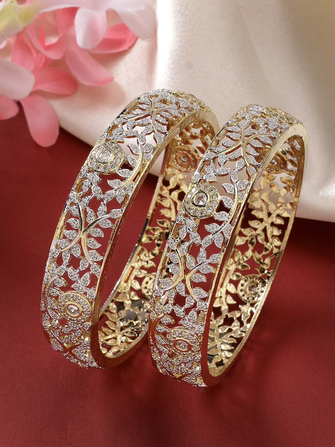 Women's Set Of 2 Gold-Plated American Diamond Embellished Handcrafted Bangles - Nvr