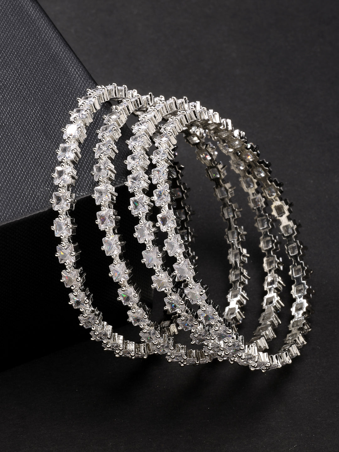 Women's Set Of 4 Silver-Plated Cz Stone-Studded Handcrafted Bangles - Nvr