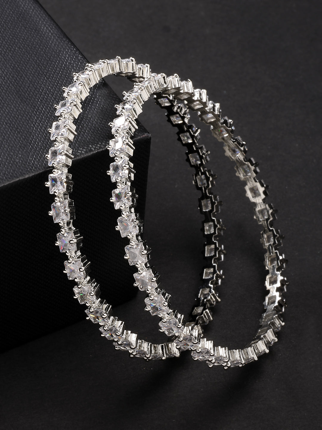 Women's Set Of 2 Silver-Plated Cz Stone-Studded Handcrafted Bangles - Nvr