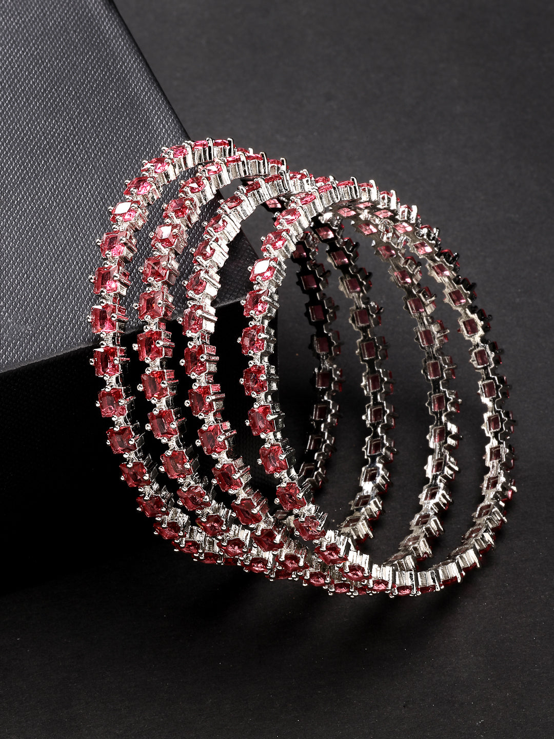 Women's Pink Set Of 4 Pink Cz Stone-Studded Handcrafted Bangles - Nvr