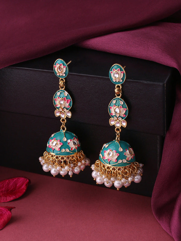 Women's Gold Plated Blue Kundan Jhumkas Earrings - NVR