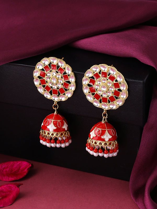 Women's Gold Plated Red Dome Shaped Meenkari Jhumkas Earrings - NVR