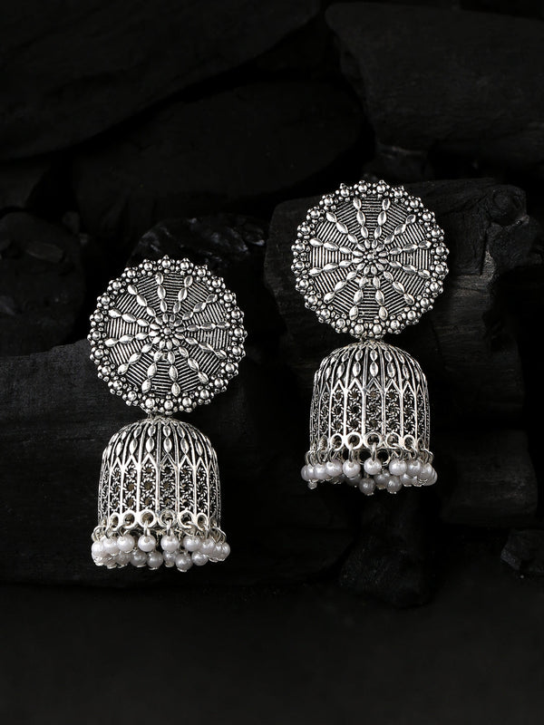 Women's Silver toned dome shaped jhumkas earrings - NVR