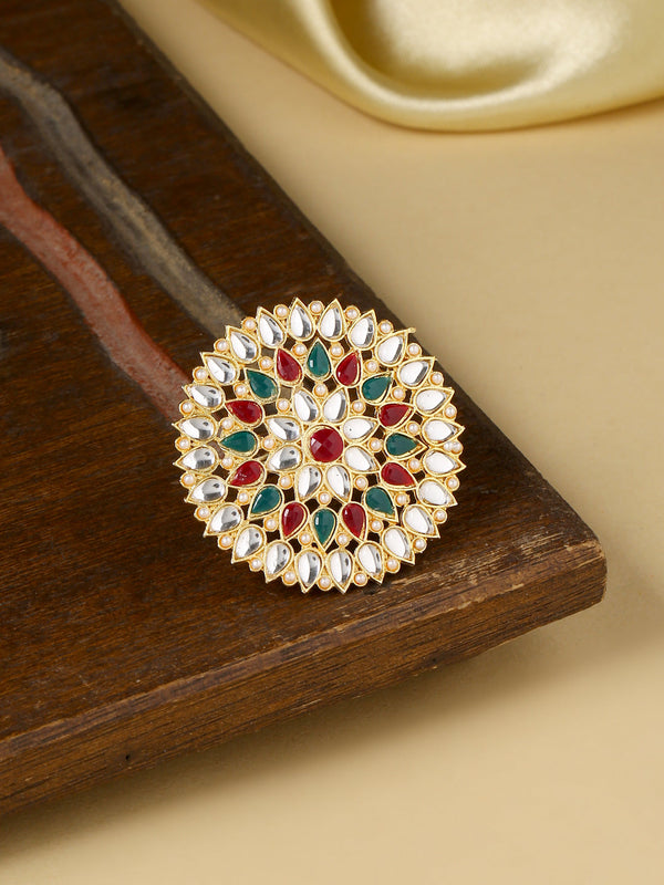 Women's Traditional Ethnic Kundan Meenakari Gold Plated Ajustable Finger Ring - NVR