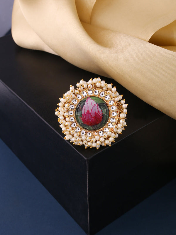 Women's Traditional Ethnic Kundan Meenakari Gold Plated Ajustable Finger Ring - NVR