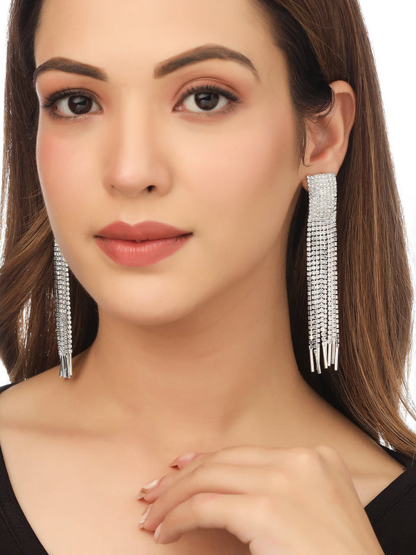 Women's Silver toned contemporary AD studded Drop Earrings - NVR