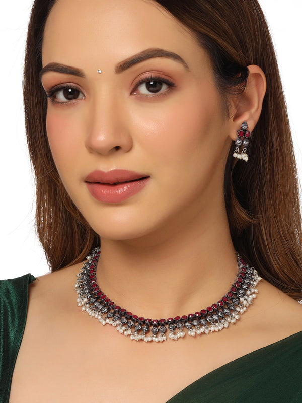 Women's Silver-Plated Stone Studded Oxidised Silver Jewellery Set - NVR