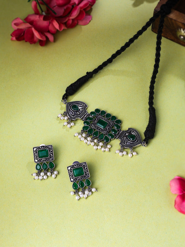 Women's Oxidised Silver Plated Green Color stone Jewellery Set with Earrings - NVR