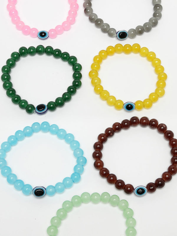 Unisex Set Of 7 Crystals Beaded Evil Eye Elasticated Bracelet - NVR