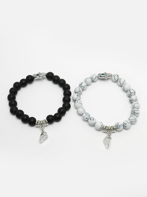 Unisex Set of 2 Black & White Marbel Crystal Bracelet - NVR