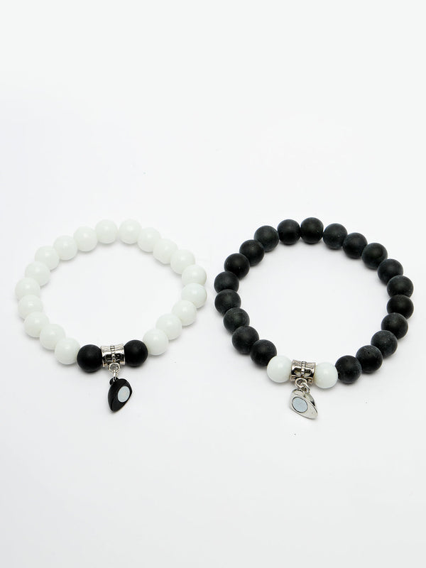 Unisex Set Of 2 Black & White Onyx Handcrafted Elasticated Bracelet - NVR