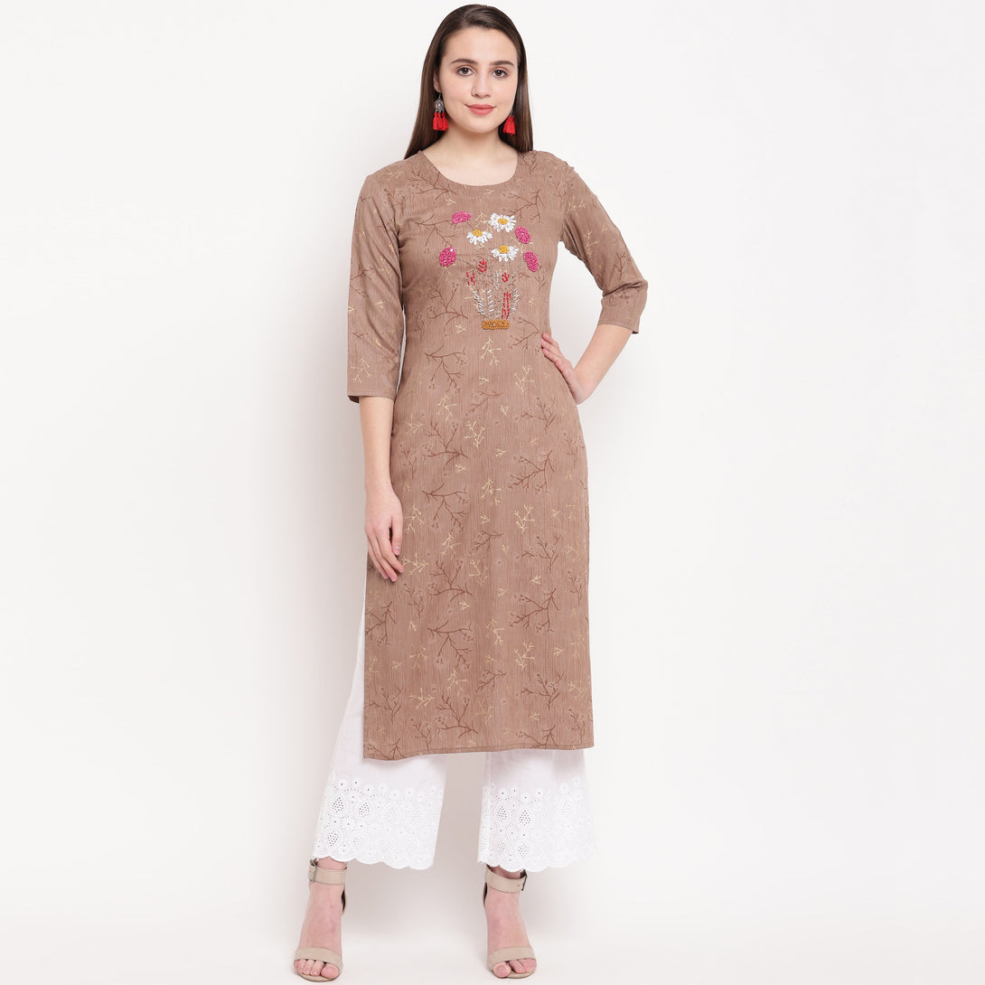 Women's Hand Work/Printed Straight Rayon Brown Kurti - Vbuyz