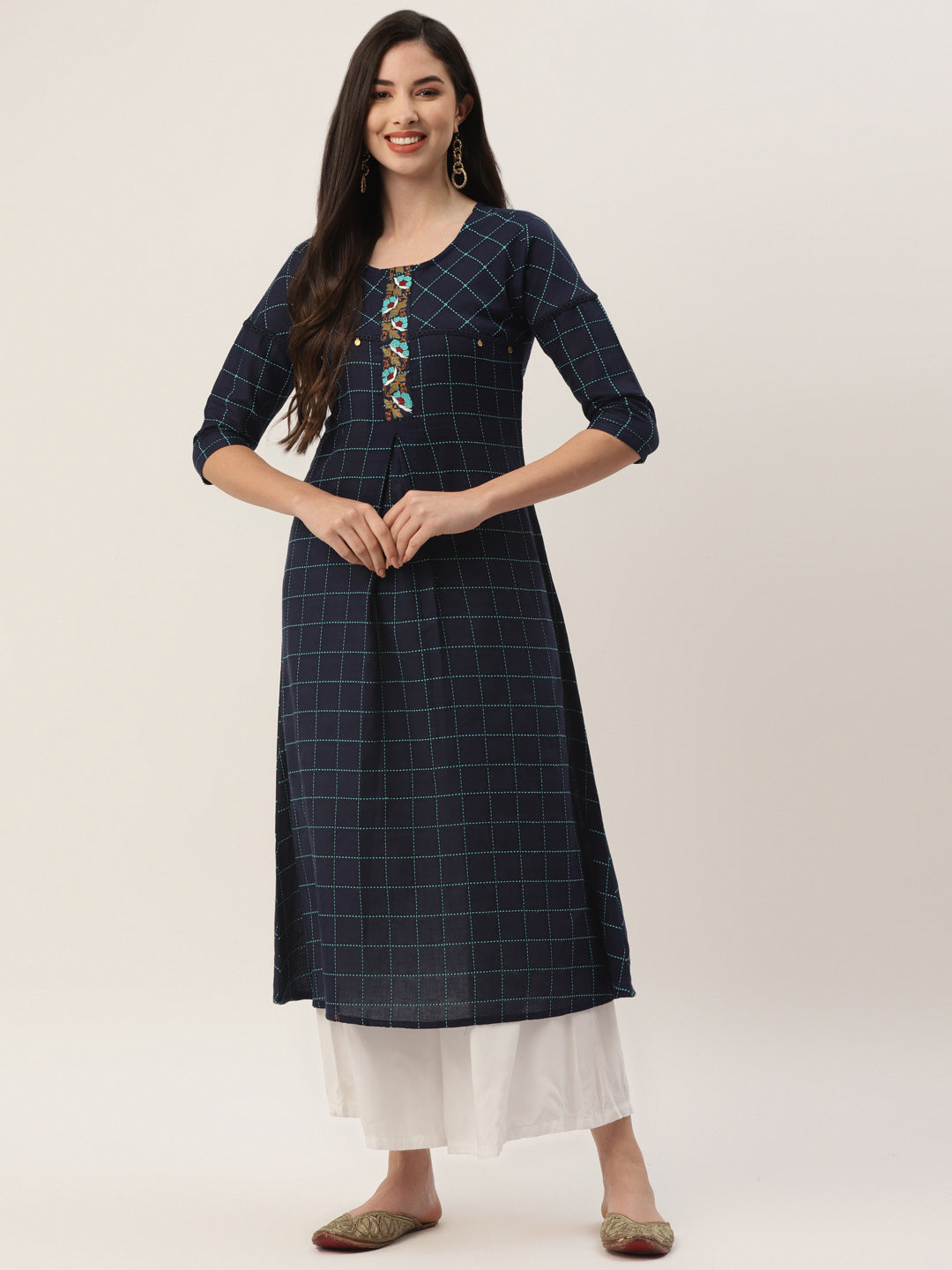 Women's Navy Blue Color Embroidery Cotton Checks Stripe Straight Kurta - Vaaba