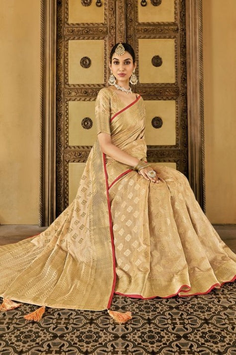 Women's Beige Cotton Saree - Karagiri