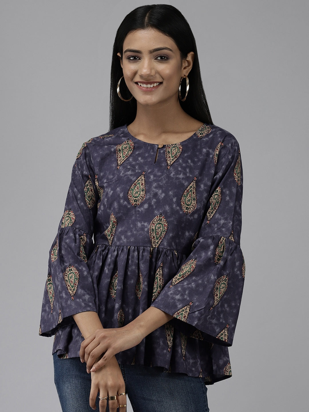 Navy Blue & Beige A-Line Tunic-Indiakreations-JS7553TOPNBXS