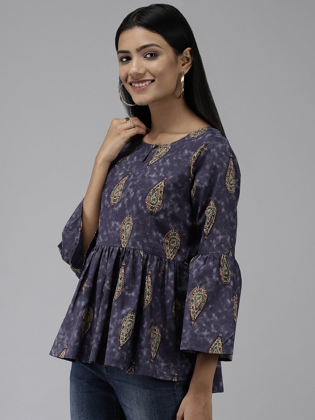 Navy Blue & Beige A-Line Tunic-Indiakreations-JS7553TOPNBXS