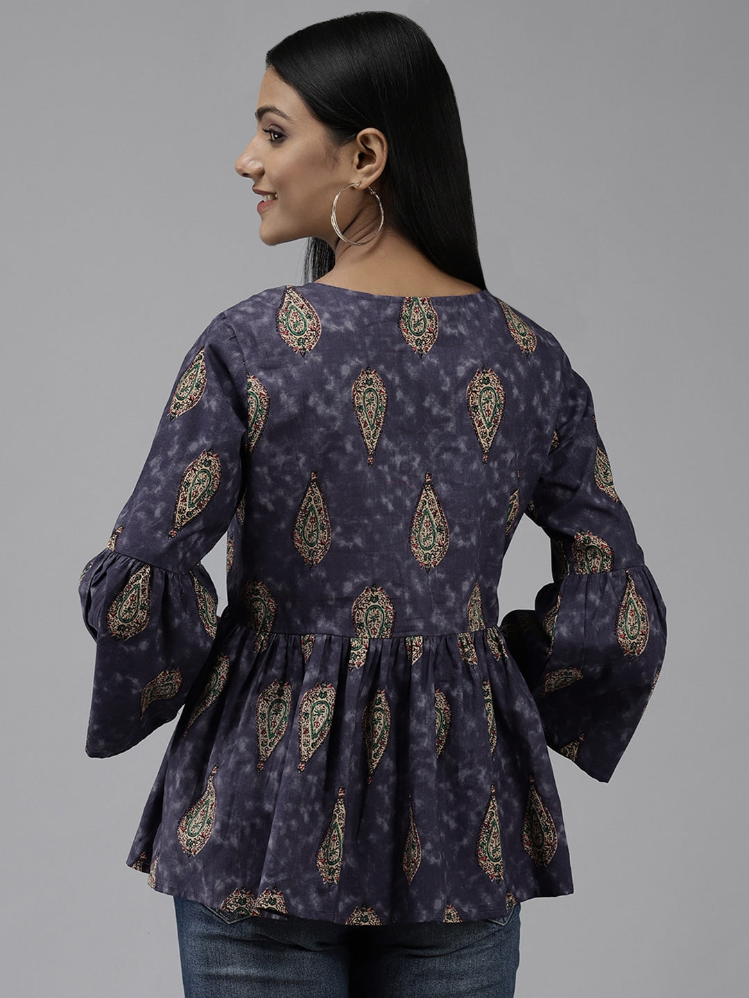 Navy Blue & Beige A-Line Tunic-Indiakreations-JS7553TOPNBXS