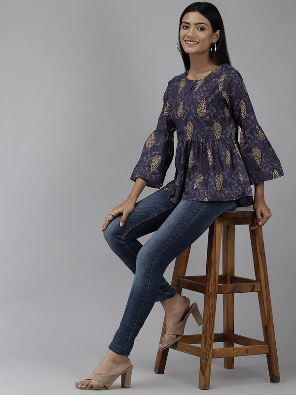 Navy Blue & Beige A-Line Tunic-Indiakreations-JS7553TOPNBXS