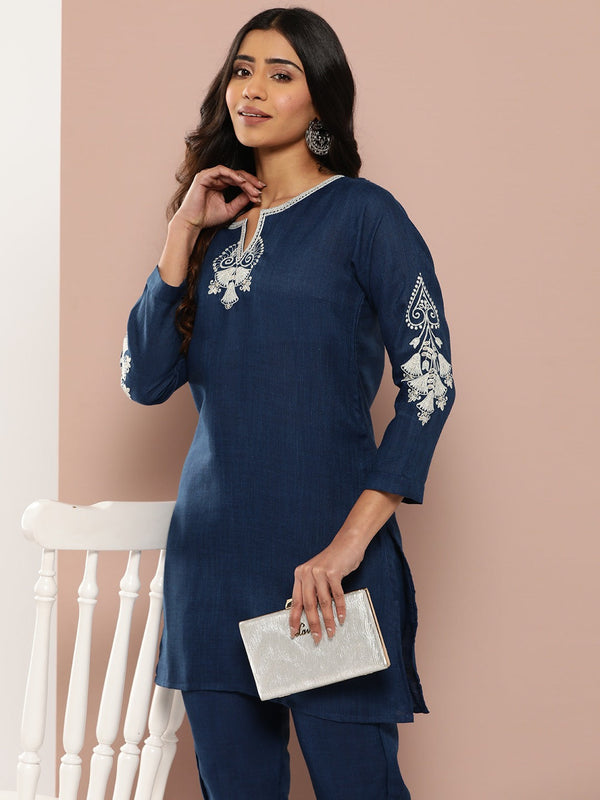 Navy Blue Embroidered Pure Cotton Kurti and Trousers Co-Ord Set-Indiakreations-JS1770CRDBLS