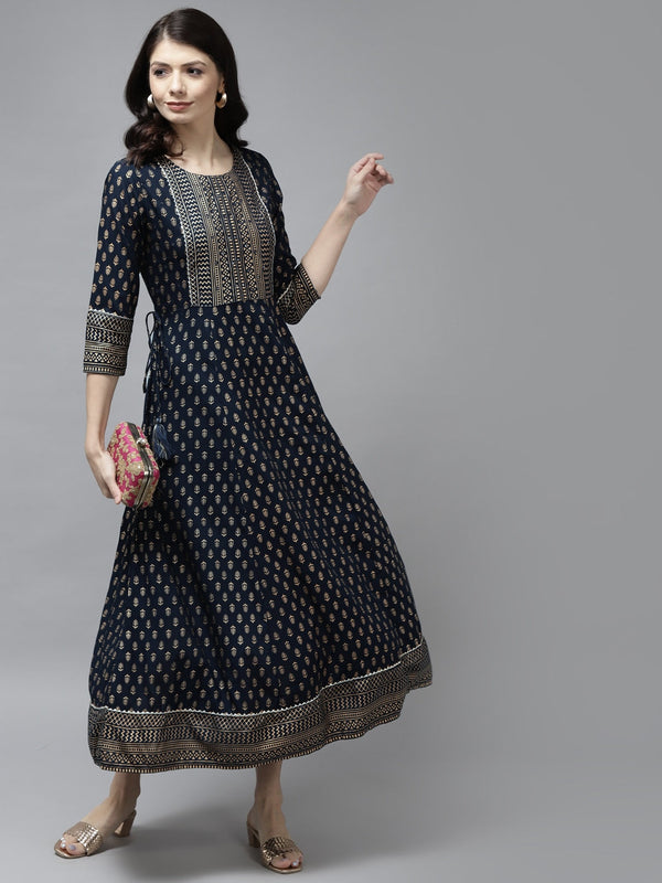 Navy Blue Ethnic A-Line Dress-Indiakreations-JS5804DRSNBS