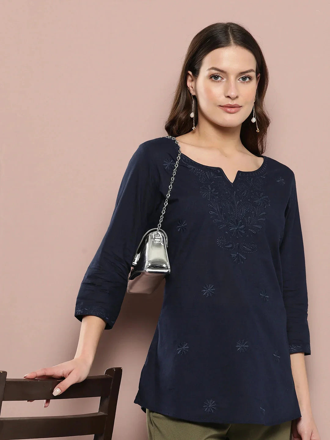 Navy Blue Floral Chikankari Embroidered Pure Cotton Top-Indiakreations-JS1861TOPBLS