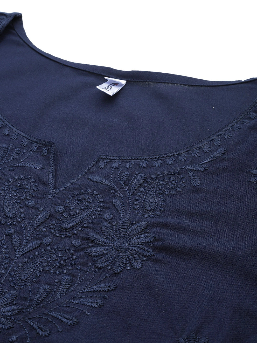 Navy Blue Floral Chikankari Embroidered Pure Cotton Top-Indiakreations-JS1861TOPBLS