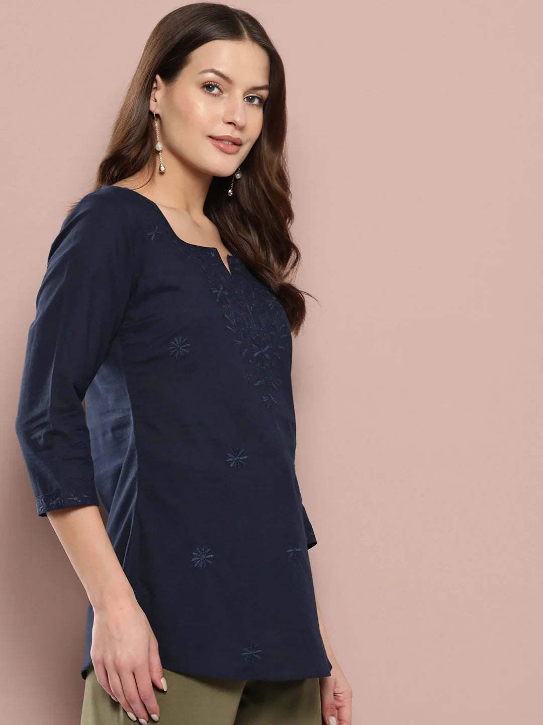 Navy Blue Floral Chikankari Embroidered Pure Cotton Top-Indiakreations-JS1861TOPBLS