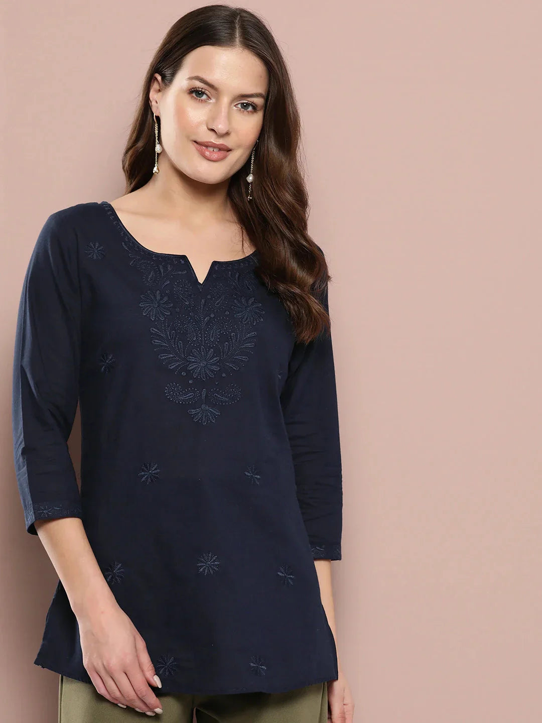 Navy Blue Floral Chikankari Embroidered Pure Cotton Top-Indiakreations-JS1861TOPBLS