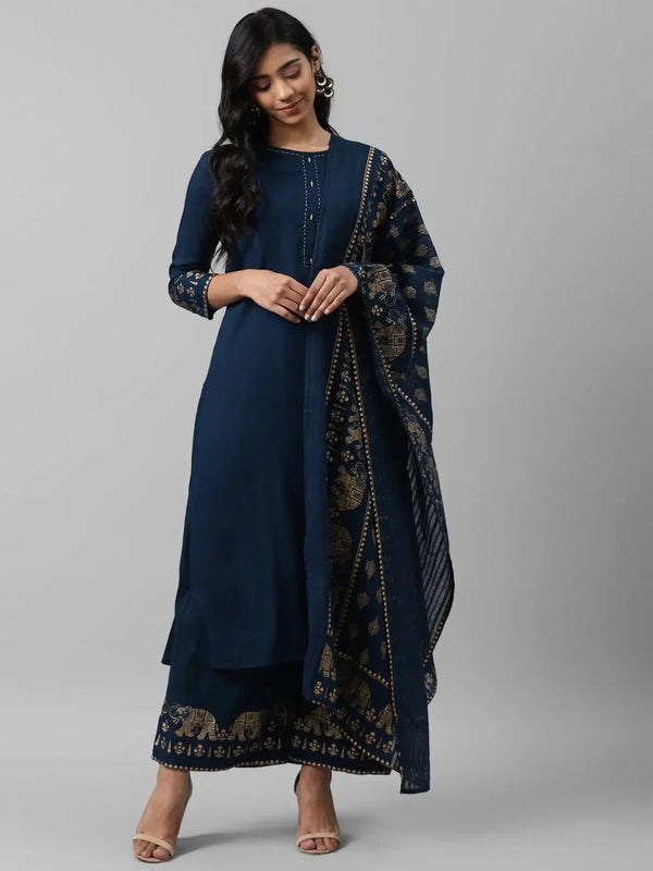 Navy Blue & Golden Solid Dupatta Set-Indiakreations-JS7612SETNBS