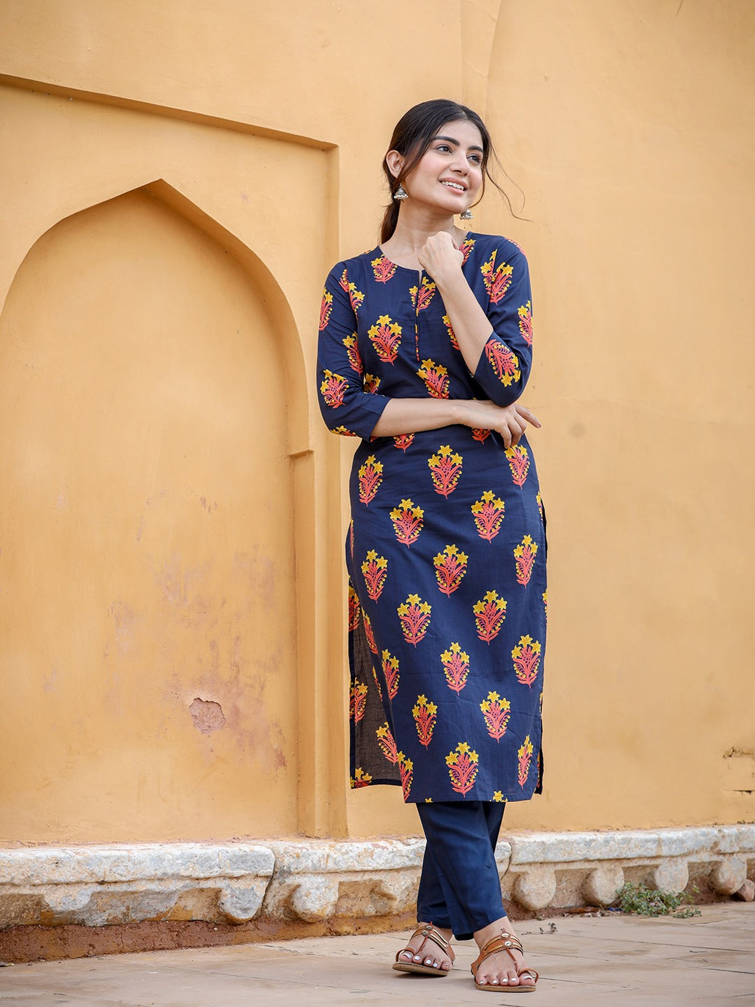 Navy Blue & Mustard Kurta Set-Indiakreations-JS9203SETNBXS