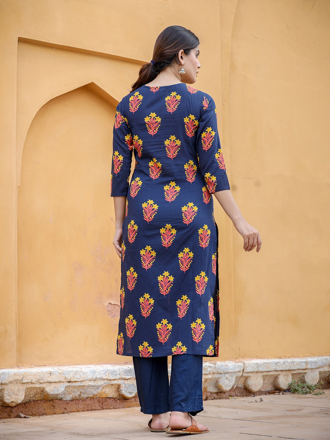 Navy Blue & Mustard Kurta Set-Indiakreations-JS9203SETNBXS