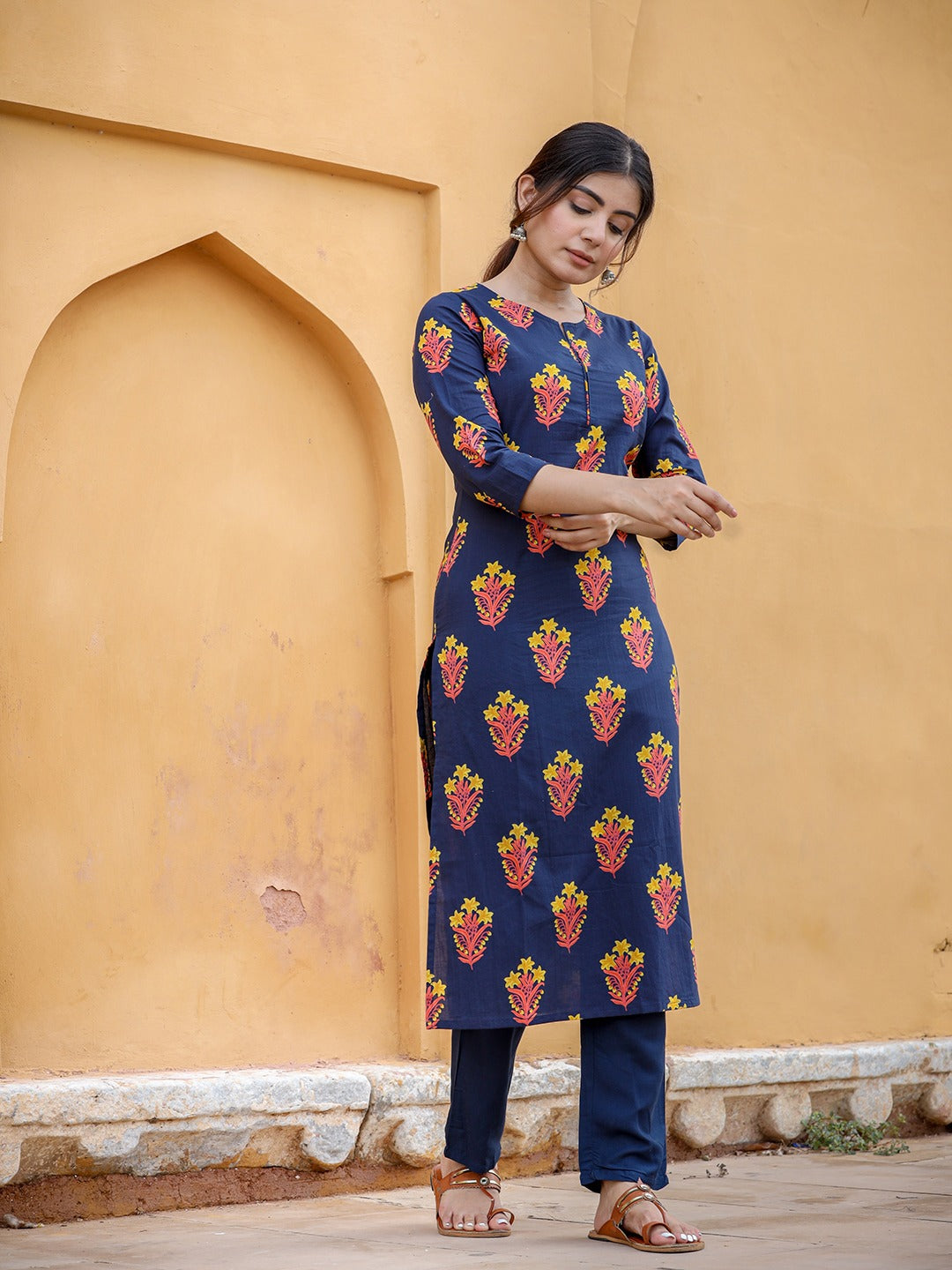 Navy Blue & Mustard Kurta Set-Indiakreations-JS9203SETNBXS