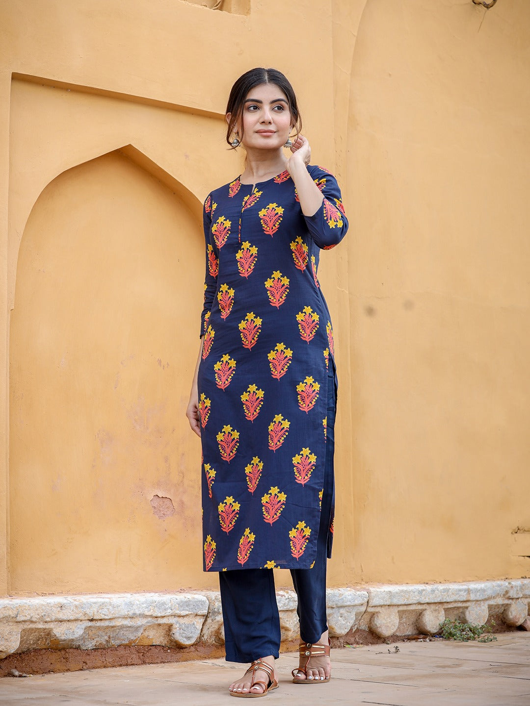 Navy Blue & Mustard Kurta Set-Indiakreations-JS9203SETNBXS