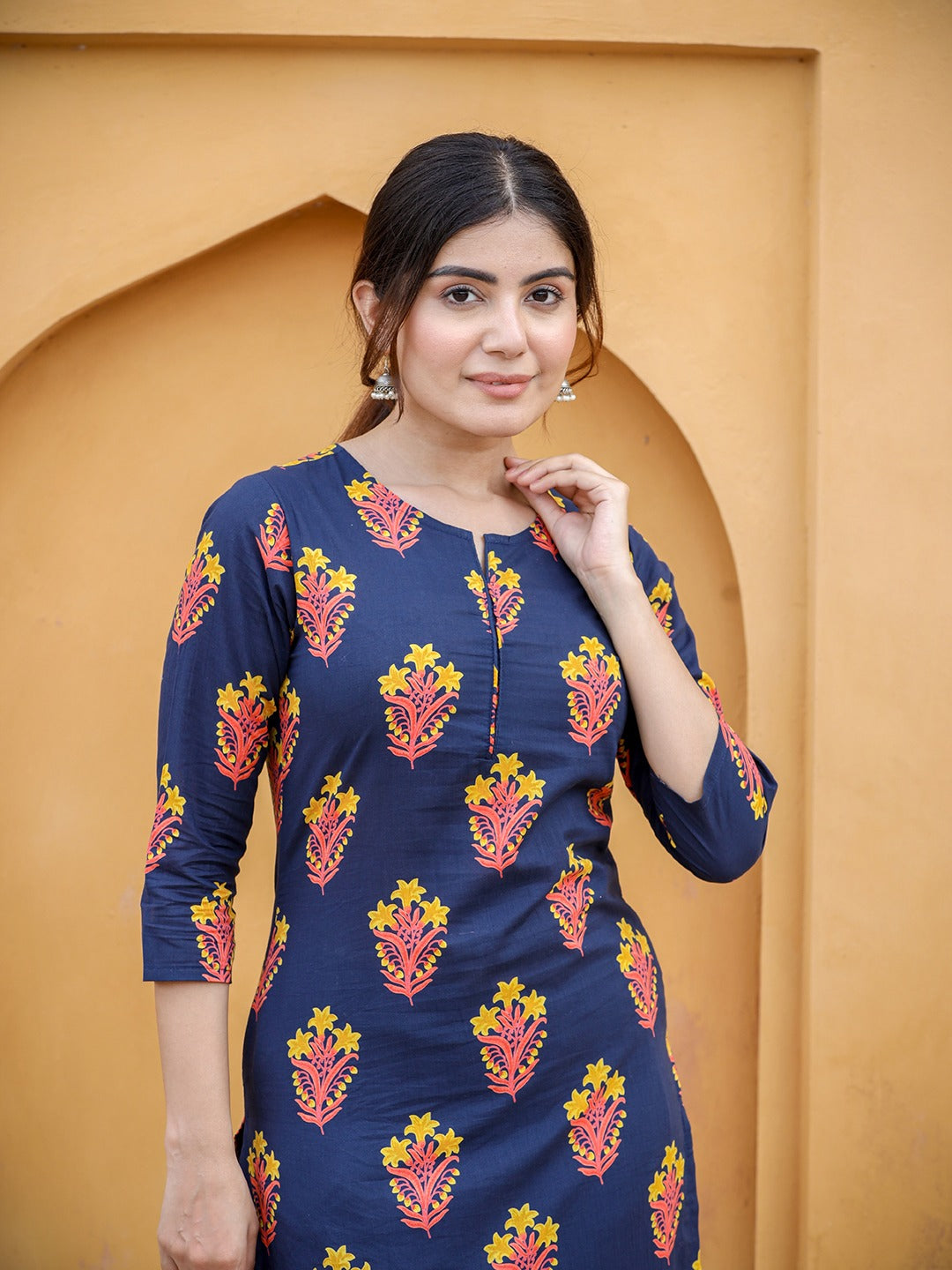 Navy Blue & Mustard Kurta Set-Indiakreations-JS9203SETNBXS