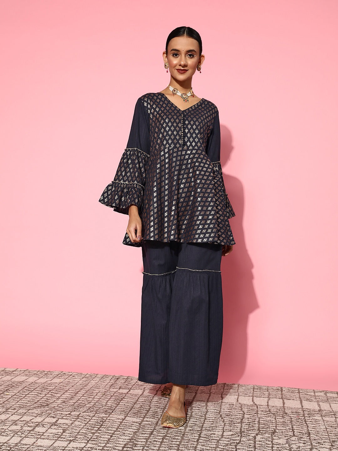 Navy Blue Printed Kurta & Sharara-Indiakreations-JS8114CRDNBXS