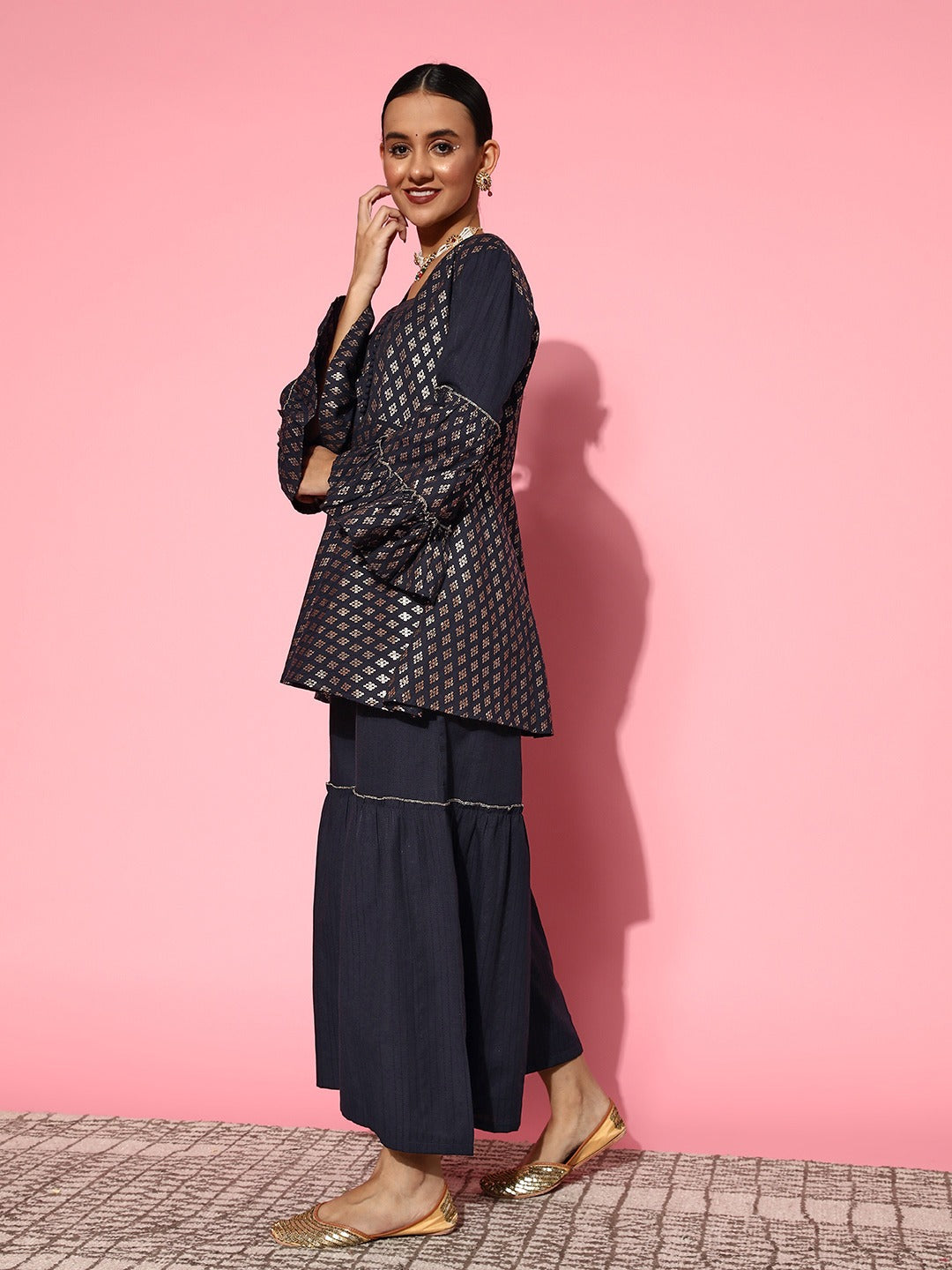 Navy Blue Printed Kurta & Sharara-Indiakreations-JS8114CRDNBXS