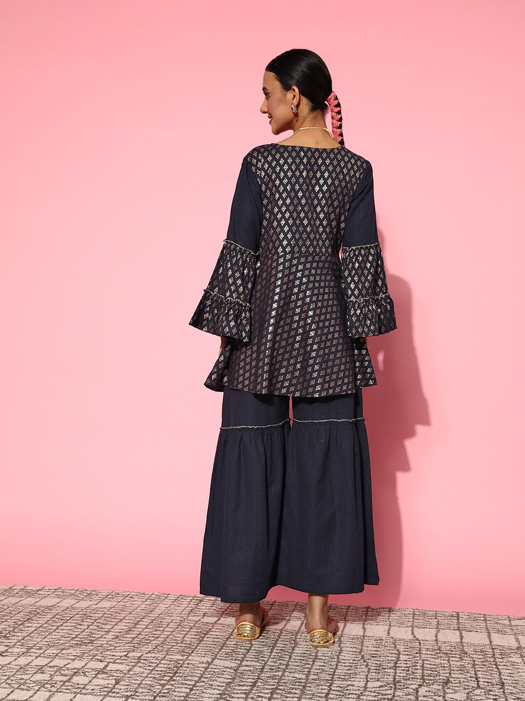 Navy Blue Printed Kurta & Sharara-Indiakreations-JS8114CRDNBXS