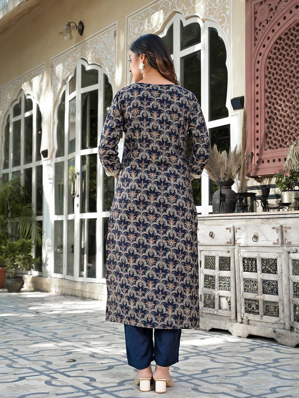 Navy Blue Printed Zari_Work Kurta Trouser Set