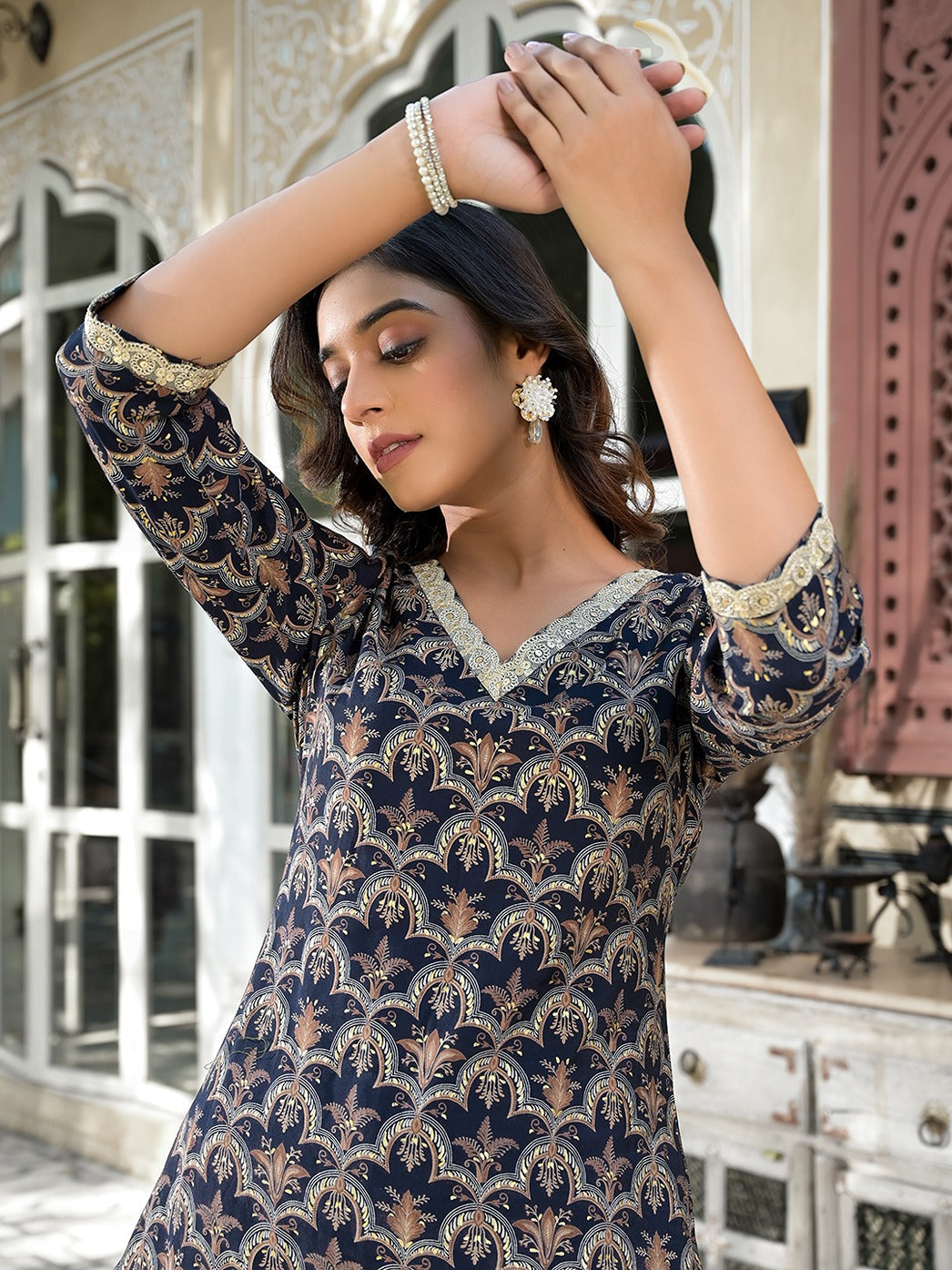 Navy Blue Printed Zari_Work Kurta Trouser Set