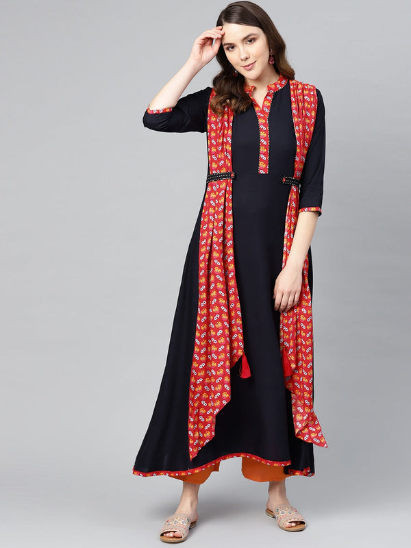 Navy Blue & Red Printed Kurta-Indiakreations-JS1523KURS