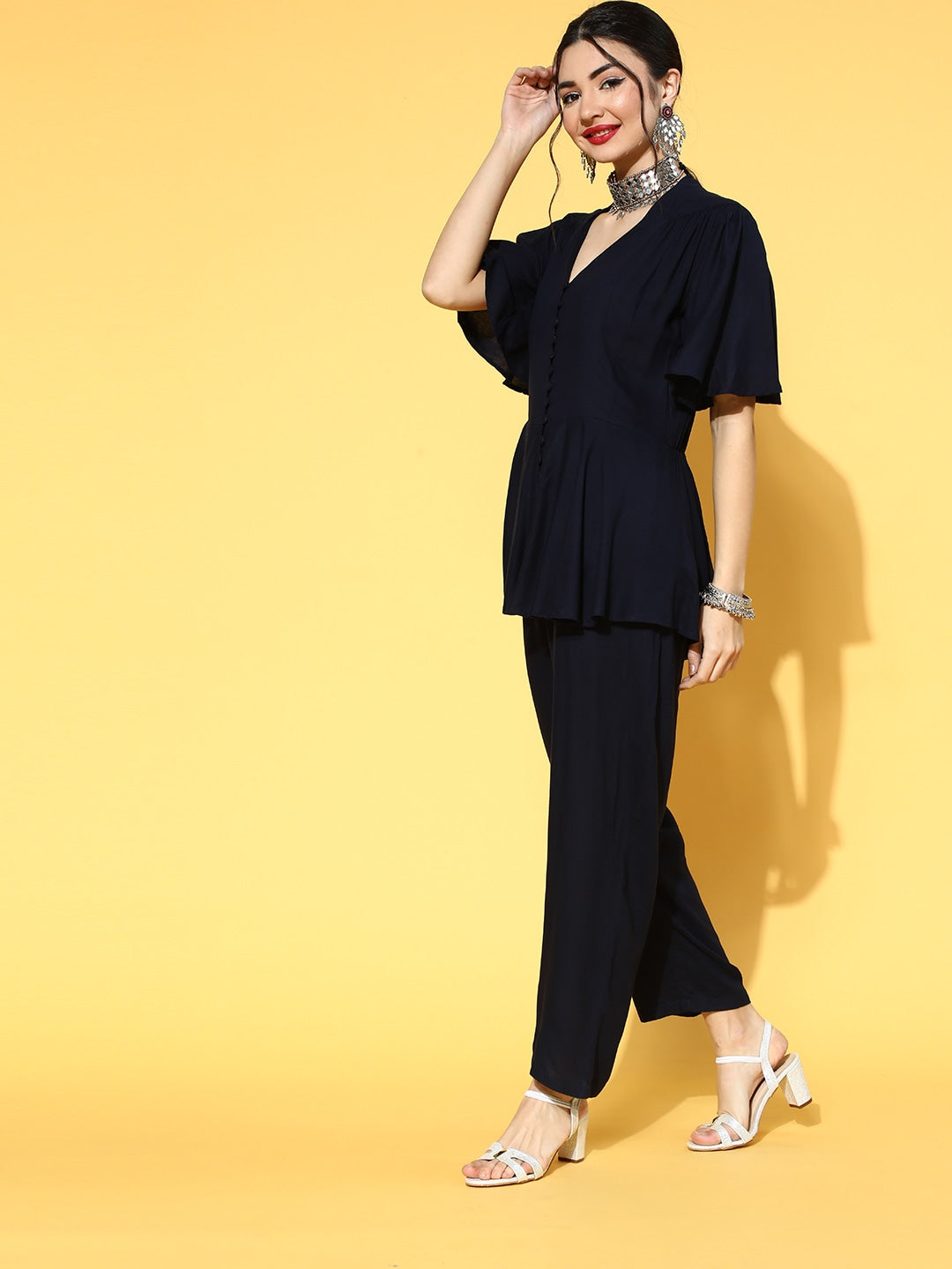 Navy Blue Solid Jumpsuit-Indiakreations-JS9548JSBLS