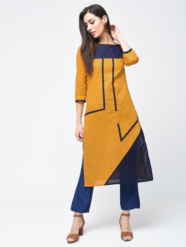 Women's Mustard Color Block Straight Kurta